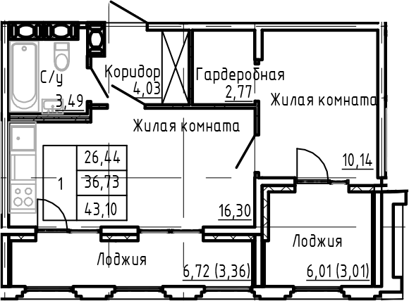 Планировка евродвушка (2Е) 41.6 м² в ЖК «SHEPILEVSKIY», корпус 1
