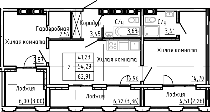 Планировка евротрёшка (3Е) 60.8 м² в ЖК «SHEPILEVSKIY», корпус 1