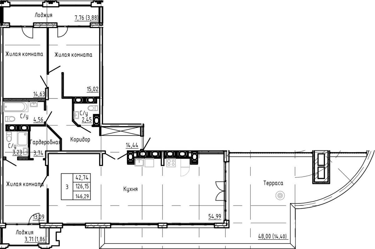 Планировка евро-4 (4Е) 142.9 м² в ЖК «SHEPILEVSKIY», корпус 1