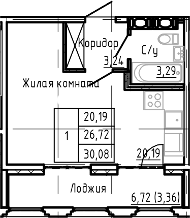 Планировка Студии 30.08 м² в ЖК «SHEPILEVSKIY», корпус 1