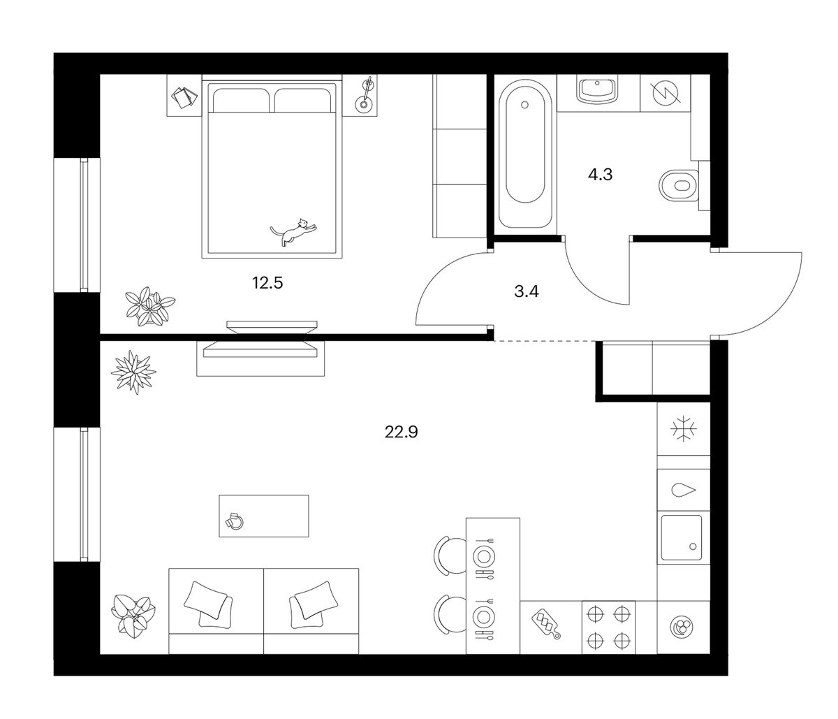 Планировка однокомнатная 43.1 м² в ЖК «Шкиперский 19», корпус 2