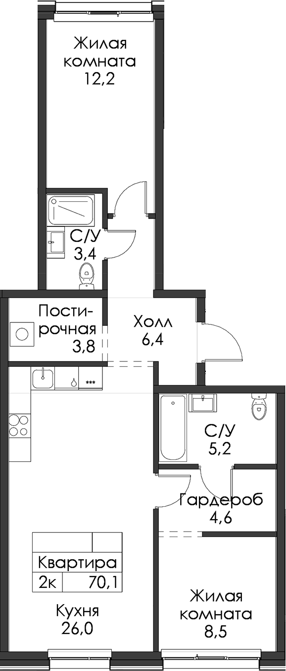 Планировка двухкомнатная 70.1 м² в ЖК «Шкиперский 19», корпус 2
