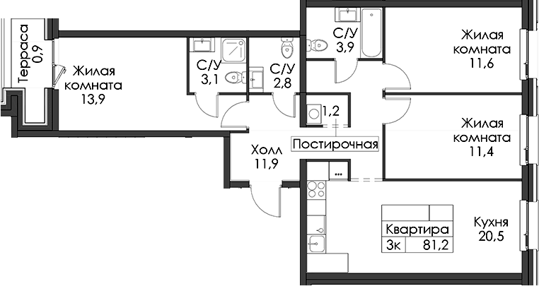 Планировка трёхкомнатная 81.2 м² в ЖК «Шкиперский 19», корпус 2