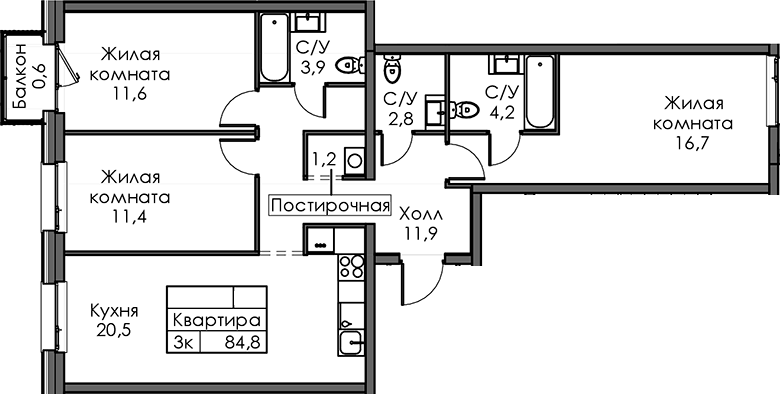 Планировка трёхкомнатная 84.8 м² в ЖК «Шкиперский 19», корпус 2