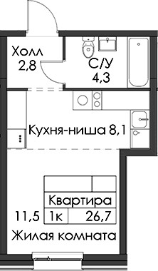 Планировка Студии 26.7 м² в ЖК «Шкиперский 19», корпус 2