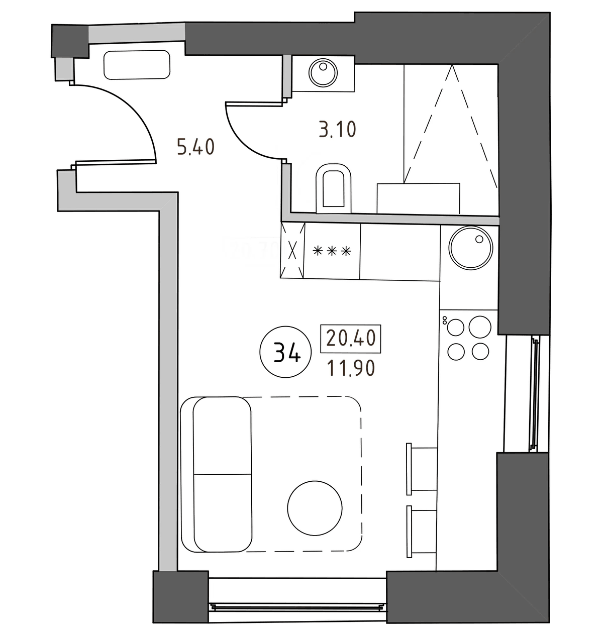 Планировка Студии 20.4 м² в ЖК «Швецова, 4», корпус 1