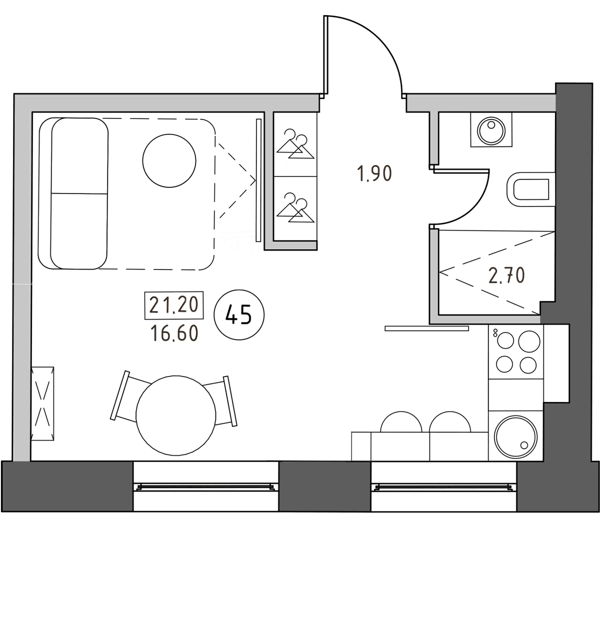 Планировка Студии 21.2 м² в ЖК «Швецова, 4», корпус 1