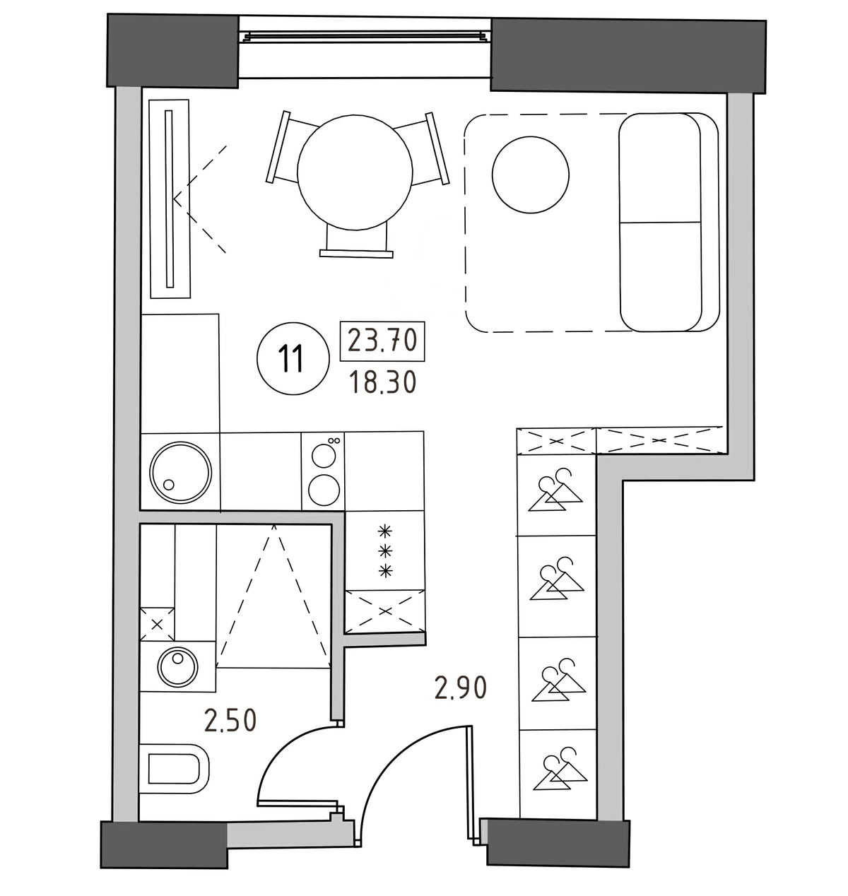Планировка Студии 23.7 м² в ЖК «Швецова, 4», корпус 1