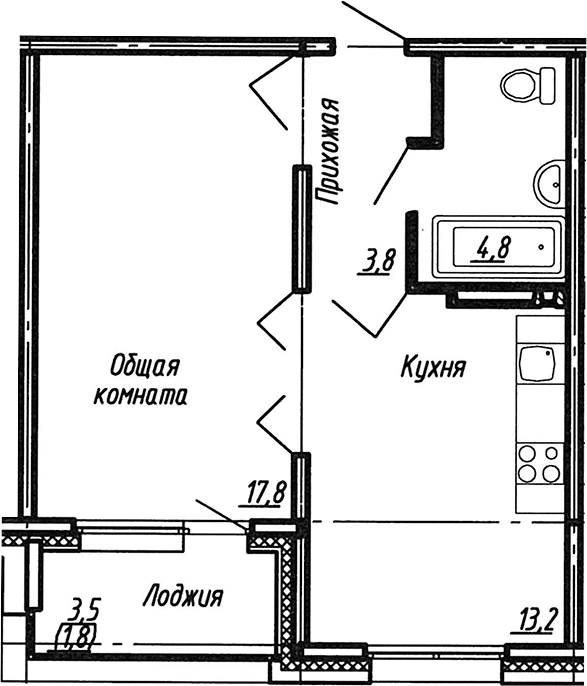 Планировка однокомнатная 41.4 м² в ЖК «Сибирь», корпус 9