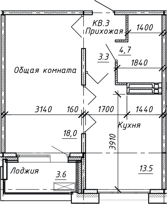 Планировка однокомнатная 42.9 м² в ЖК «Сибирь», корпус 10