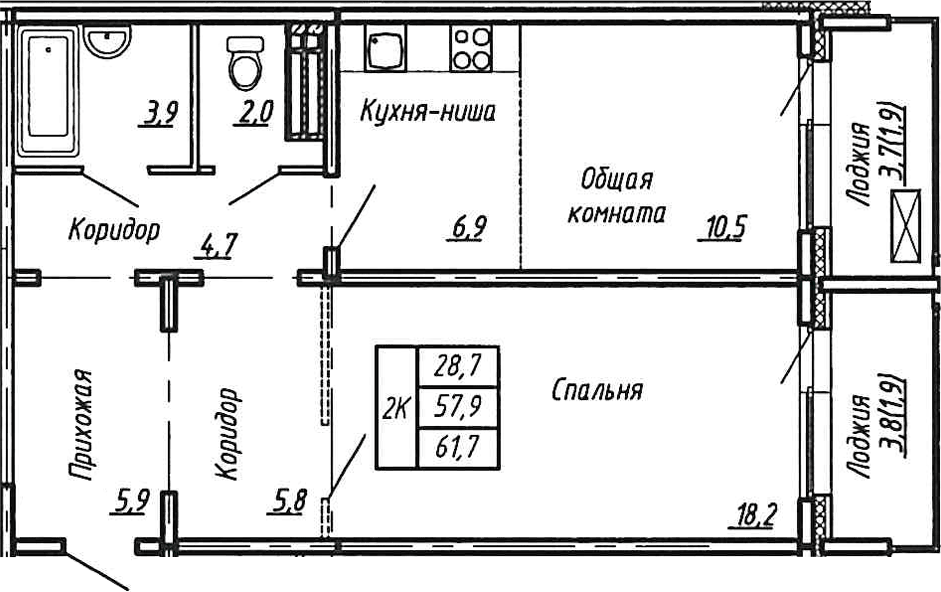 Планировка евродвушка (2Е) 61.7 м² в ЖК «Сибирь», корпус 7