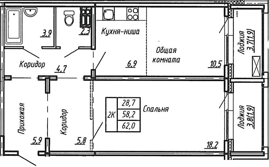 Планировка евродвушка (2Е) 62 м² в ЖК «Сибирь», корпус 7