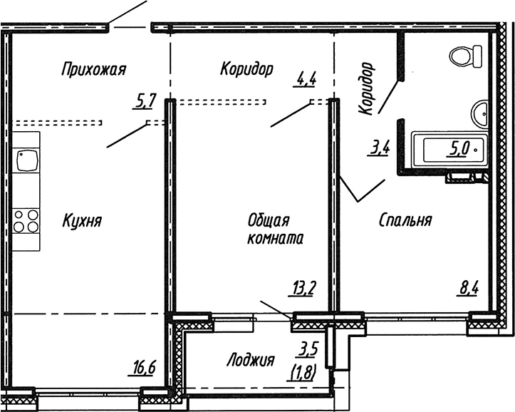 Планировка евротрёшка (3Е) 58.5 м² в ЖК «Сибирь», корпус 9