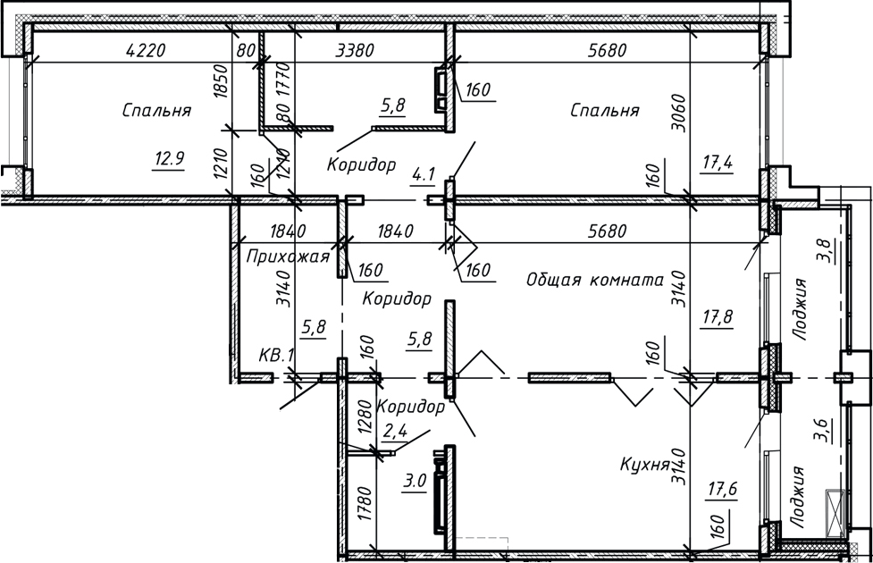 Планировка евро-4 (4Е) 100 м² в ЖК «Сибирь», корпус 10
