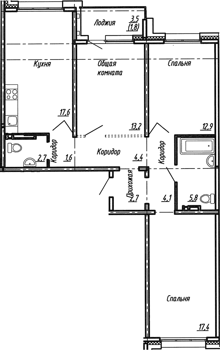 Планировка евро-4 (4Е) 84.2 м² в ЖК «Сибирь», корпус 9