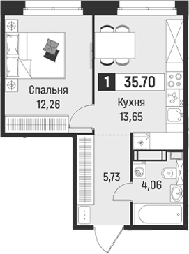 Планировка однокомнатная 35.7 м² в ЖК «Символист», корпус 6