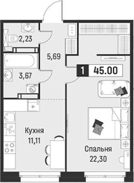 Планировка однокомнатная 45 м² в ЖК «Символист», корпус 6
