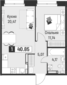 Планировка евродвушка (2Е) 40.85 м² в ЖК «Символист», корпус 6