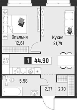 Планировка евродвушка (2Е) 44.9 м² в ЖК «Символист», корпус 6