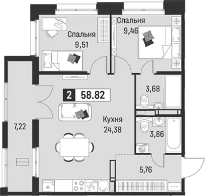 Планировка евротрёшка (3Е) 58.82 м² в ЖК «Символист», корпус 6