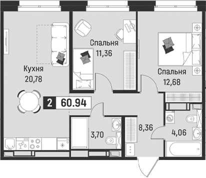 Планировка евротрёшка (3Е) 60.94 м² в ЖК «Символист», корпус 6