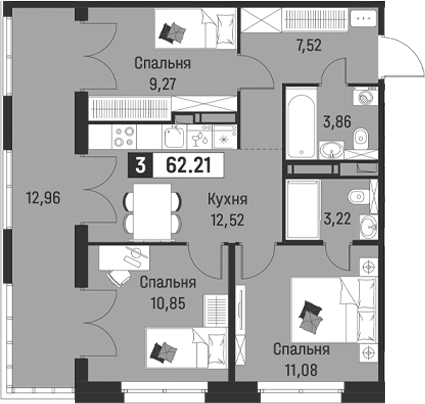 Планировка трёхкомнатная 62.21 м² в ЖК «Символист», корпус 6