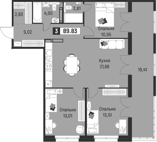 Планировка евро-4 (4Е) 89.83 м² в ЖК «Символист», корпус 6
