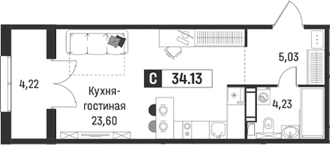 Планировка Студии 34.13 м² в ЖК «Символист», корпус 6