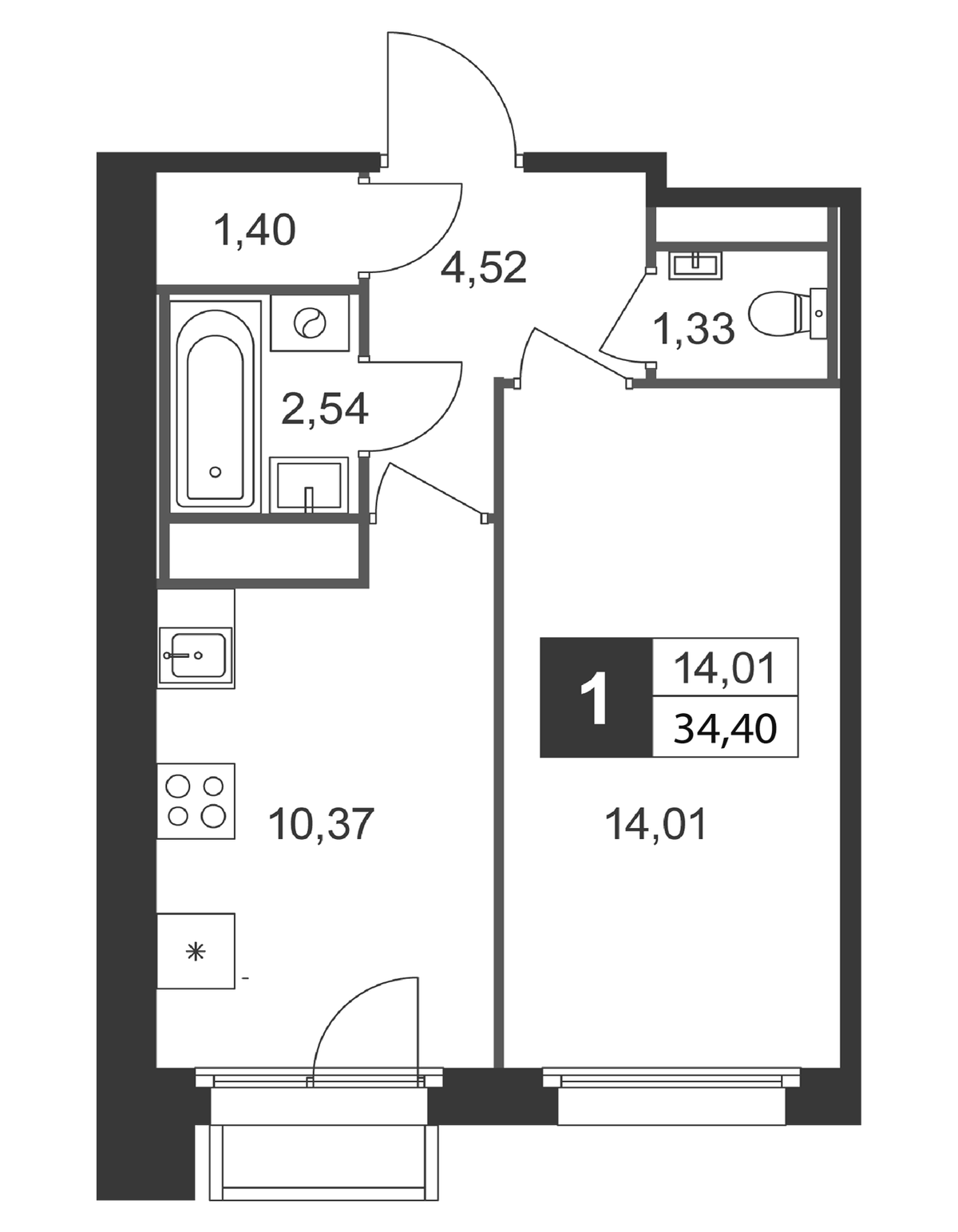 Планировка однокомнатная 34.4 м² в ЖК «Слобода», корпус 5