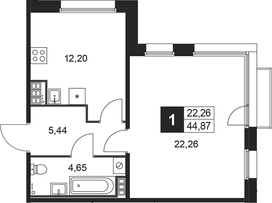 Планировка однокомнатная 44.87 м² в ЖК «Слобода», корпус 7