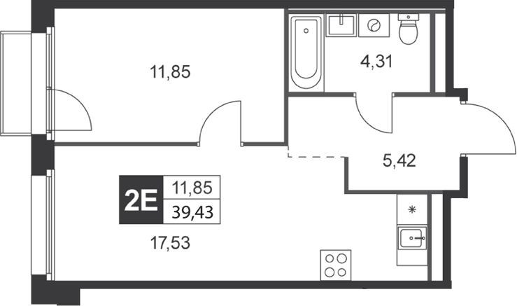 Планировка евродвушка (2Е) 39.43 м² в ЖК «Слобода», корпус 6