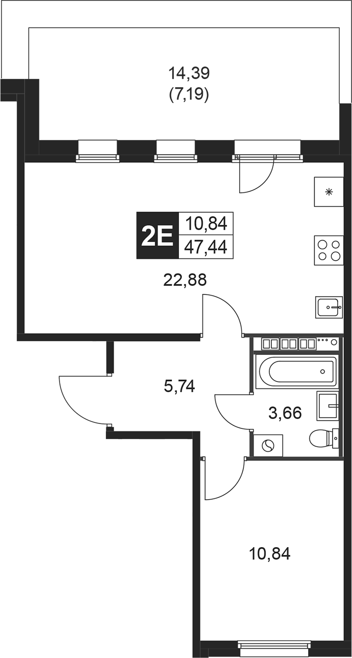 Планировка евродвушка (2Е) 47.44 м² в ЖК «Слобода», корпус 7