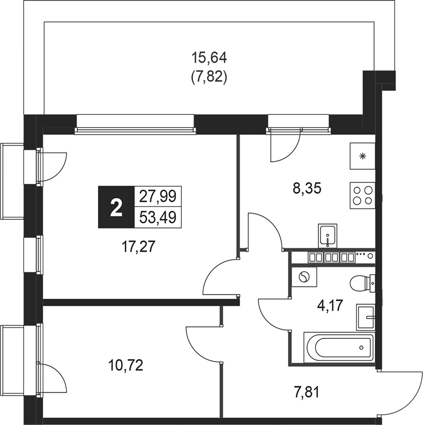 Планировка двухкомнатная 53.49 м² в ЖК «Слобода», корпус 7