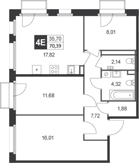 Планировка евро-4 (4Е) 70.39 м² в ЖК «Слобода», корпус 6