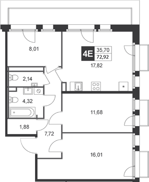 Планировка евро-4 (4Е) 72.93 м² в ЖК «Слобода», корпус 6