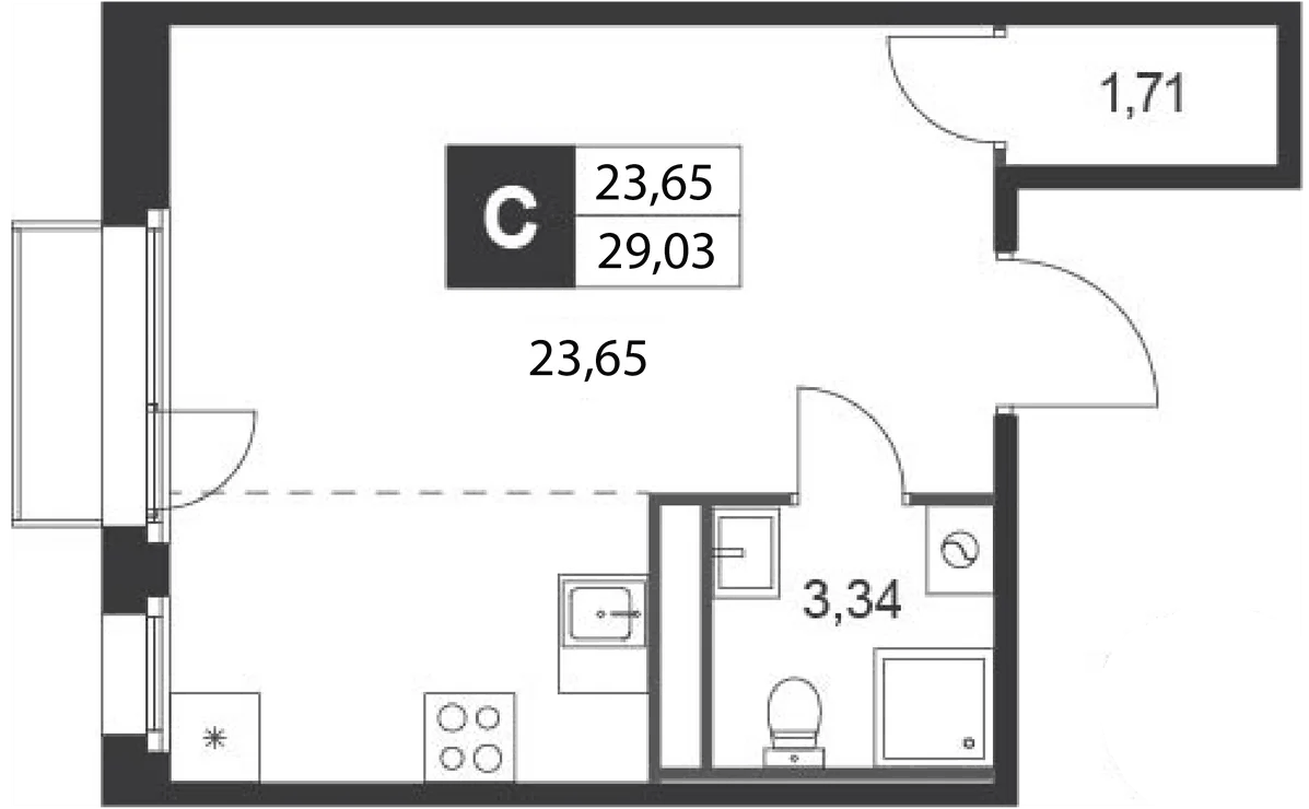 Планировка Студии 29.03 м² в ЖК «Слобода», корпус 6