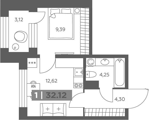 Планировка однокомнатная 32.12 м² в ЖК «Солар Парк», корпус 1