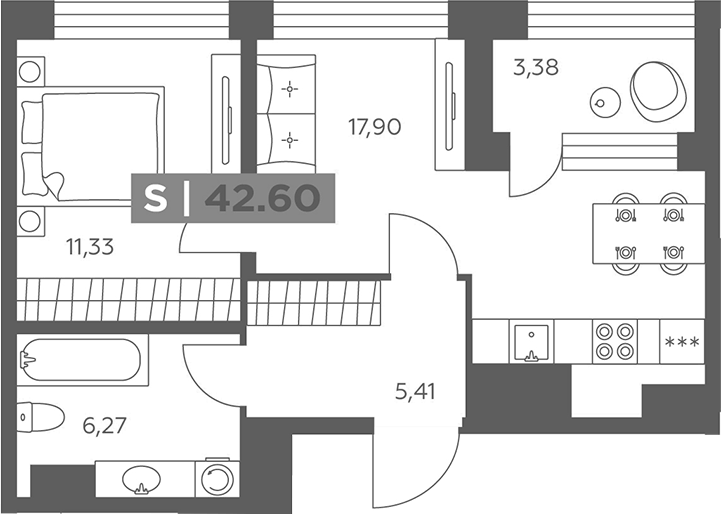 Планировка евродвушка (2Е) 42.6 м² в ЖК «Солар Парк», корпус 1
