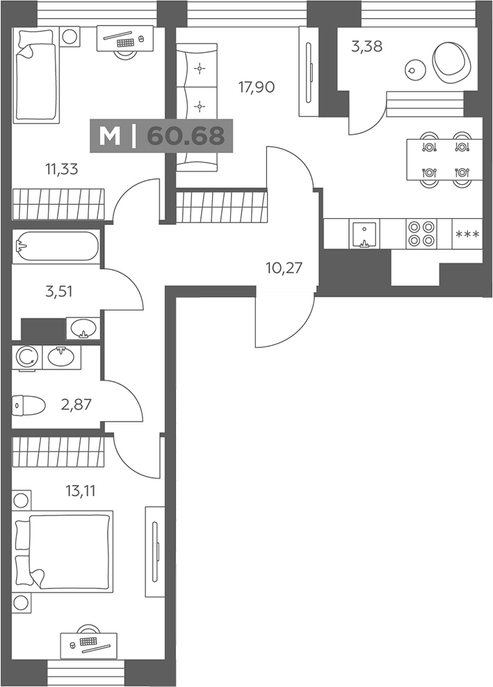 Планировка двухкомнатная 60.68 м² в ЖК «Солар Парк», корпус 1