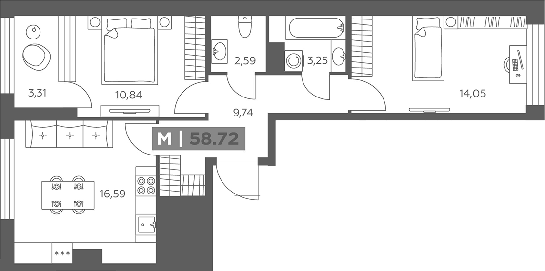 Планировка евротрёшка (3Е) 58.72 м² в ЖК «Солар Парк», корпус 1