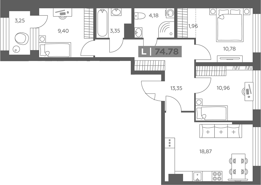 Планировка евро-4 (4Е) 74.48 м² в ЖК «Солар Парк», корпус 1