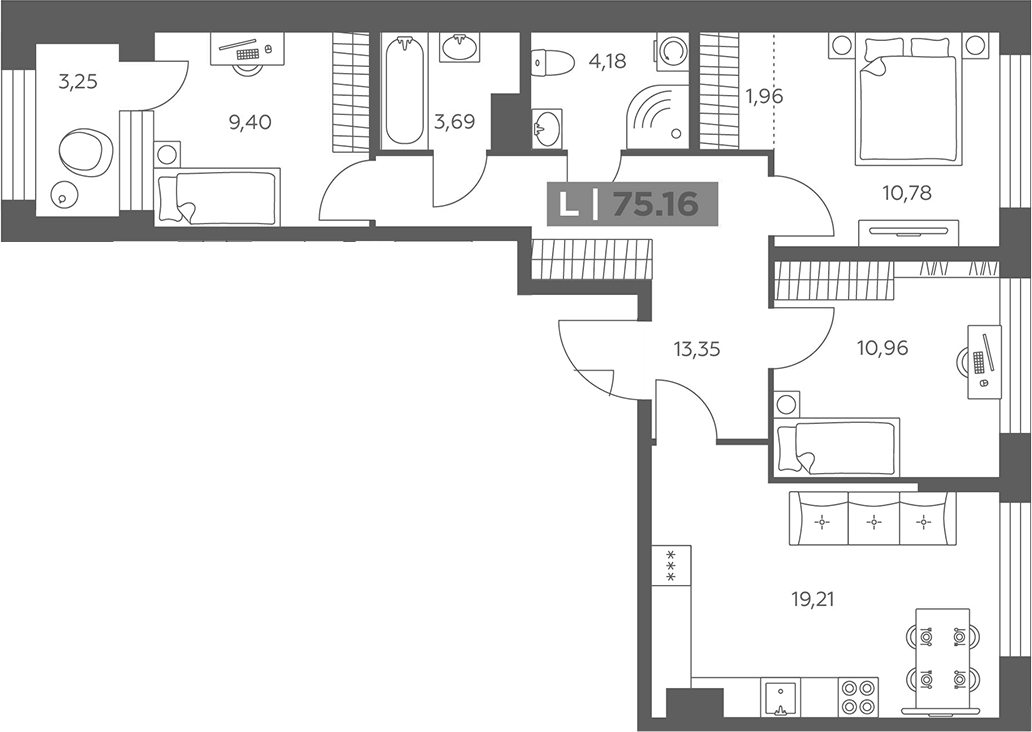 Планировка евро-4 (4Е) 75.16 м² в ЖК «Солар Парк», корпус 1