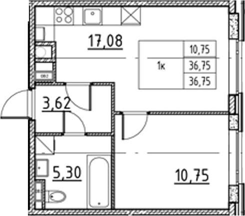 Планировка евродвушка (2Е) 36.75 м² в ЖК «Соло.Петергоф», корпус 1