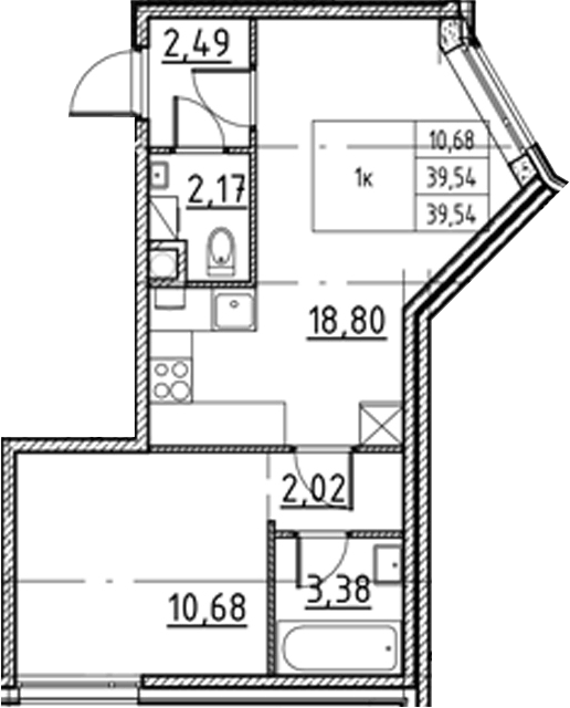 Планировка евродвушка (2Е) 39.54 м² в ЖК «Соло.Петергоф», корпус 1