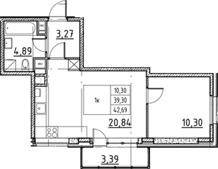 Планировка евродвушка (2Е) 42.69 м² в ЖК «Соло.Петергоф», корпус 1