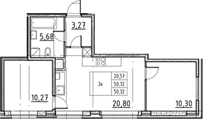Планировка евротрёшка (3Е) 50.32 м² в ЖК «Соло.Петергоф», корпус 1
