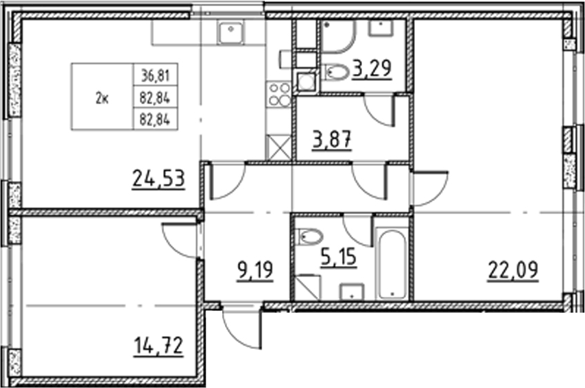 Планировка евротрёшка (3Е) 82.84 м² в ЖК «Соло.Петергоф», корпус 1