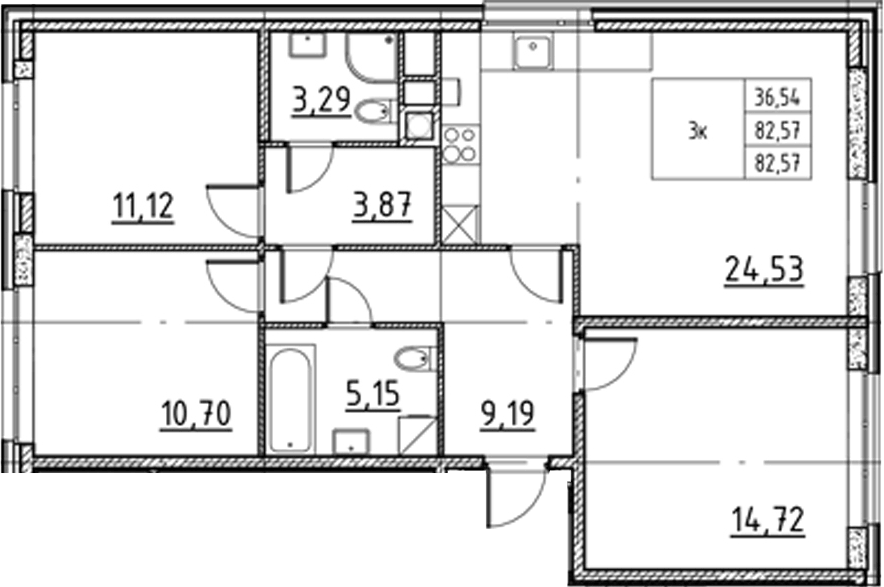 Планировка евро-4 (4Е) 82.57 м² в ЖК «Соло.Петергоф», корпус 1