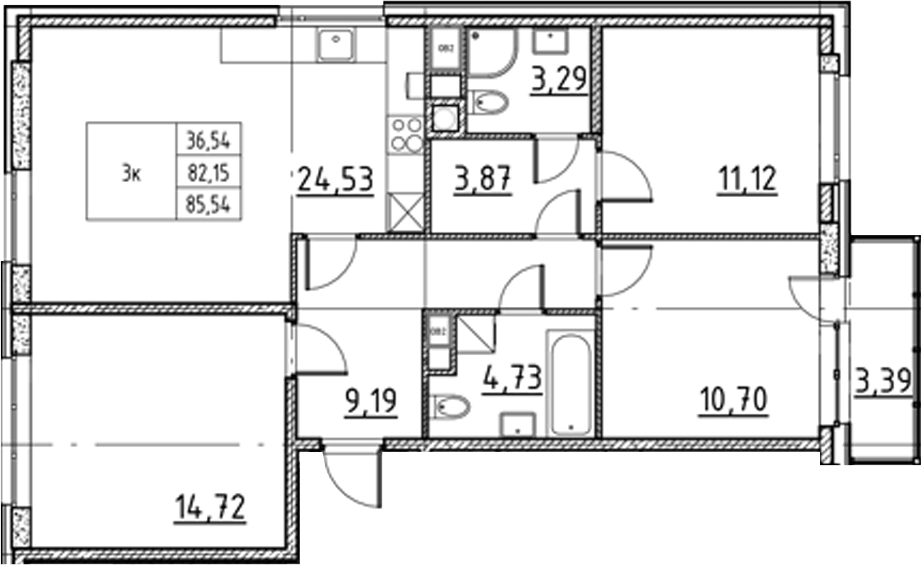 Планировка евро-4 (4Е) 85.54 м² в ЖК «Соло.Петергоф», корпус 1