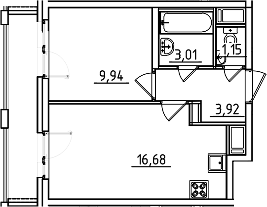 Планировка евродвушка (2Е) 36.43 м² в ЖК «Старлайт», корпус 1